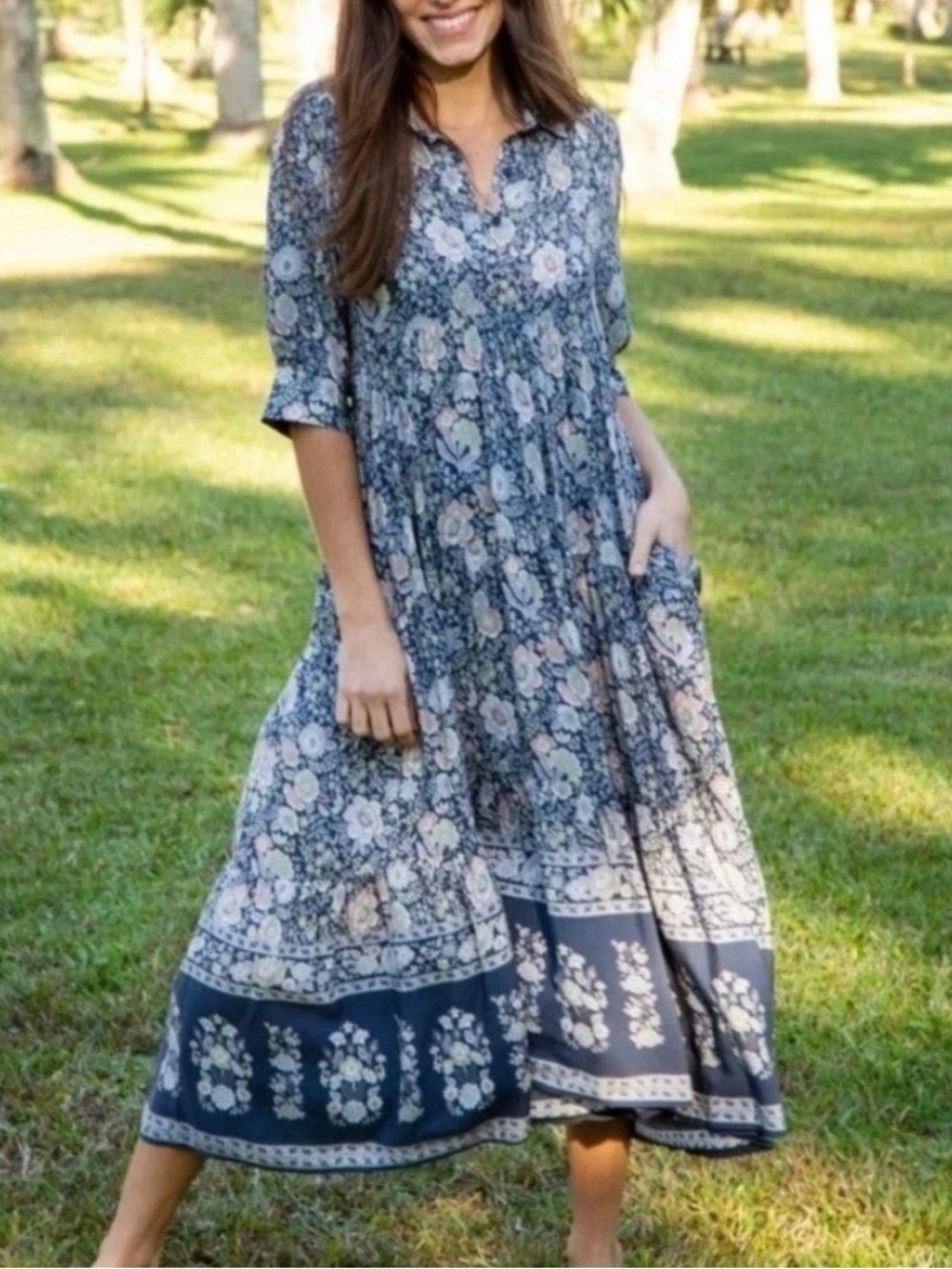 Natural Life size XL Rebecca midi dress gray navy boho flowy summer Floral